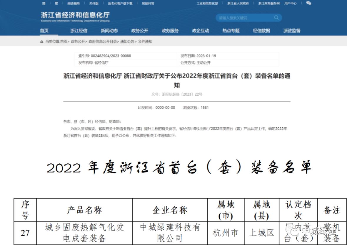 中城绿建科技有限公司的“城乡固废热解气化发电成套装备”被认定为2022年度国内首台(套)装备